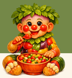 Petit personnage fait de légumes mangeant un bol de légumes
